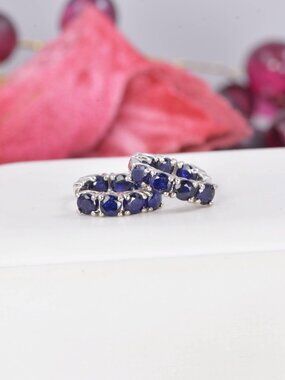 Natural Genuine Blue Sapphire Inside Out Hoop Earrings 925 Sterling Silver